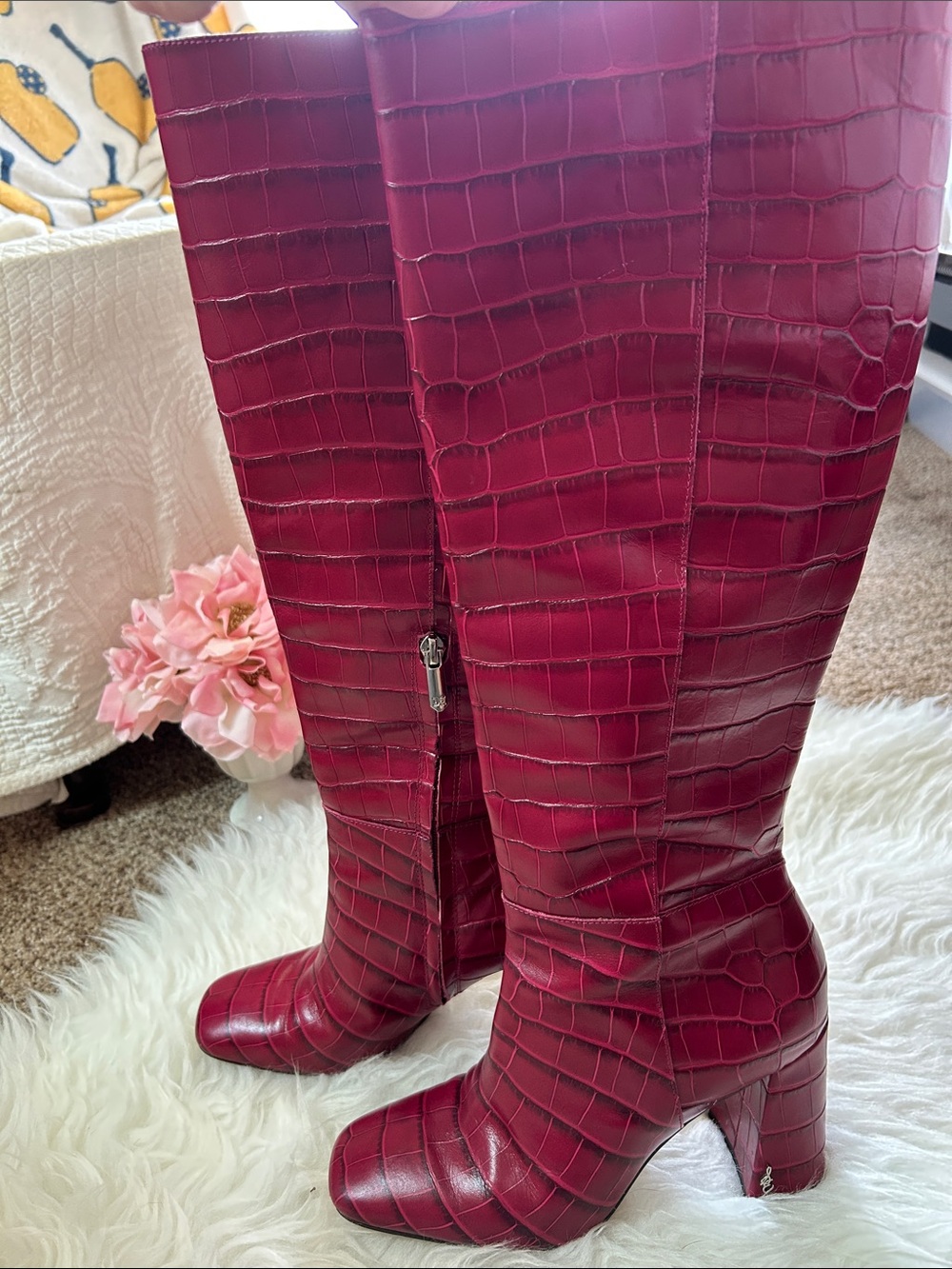 SAM EDELMAN • GORGEOUS Red Croc-Embossed Knee High Heeled Boots Boots - Picture 10 of 16